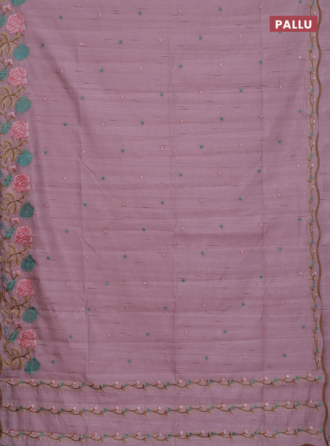 Semi raw silk saree pastel pink with embroidery buttas and floral embroidery border