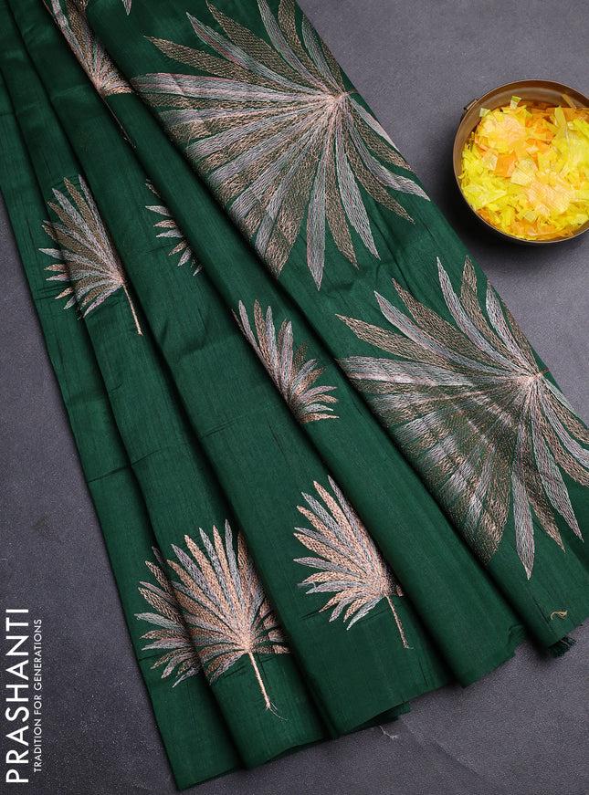 Semi raw silk saree green with embroidery buttas in borderless border