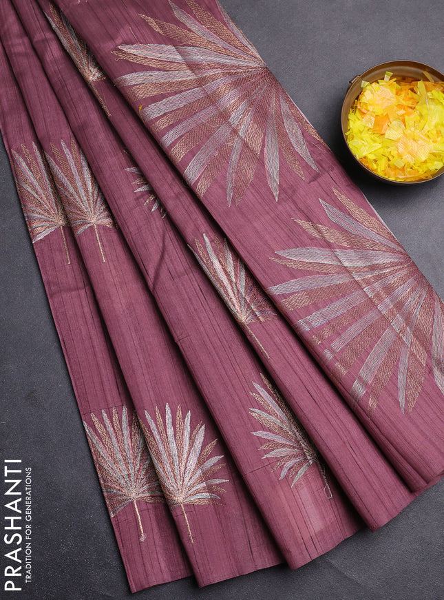 Semi raw silk saree rosy brown with embroidery buttas in borderless border