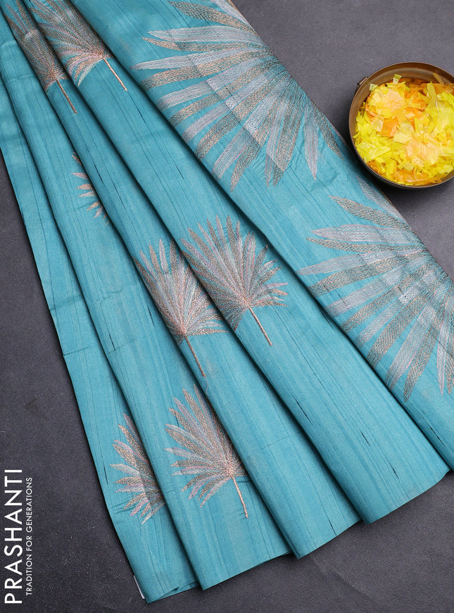 Semi raw silk saree teal blue with embroidery buttas in borderless border