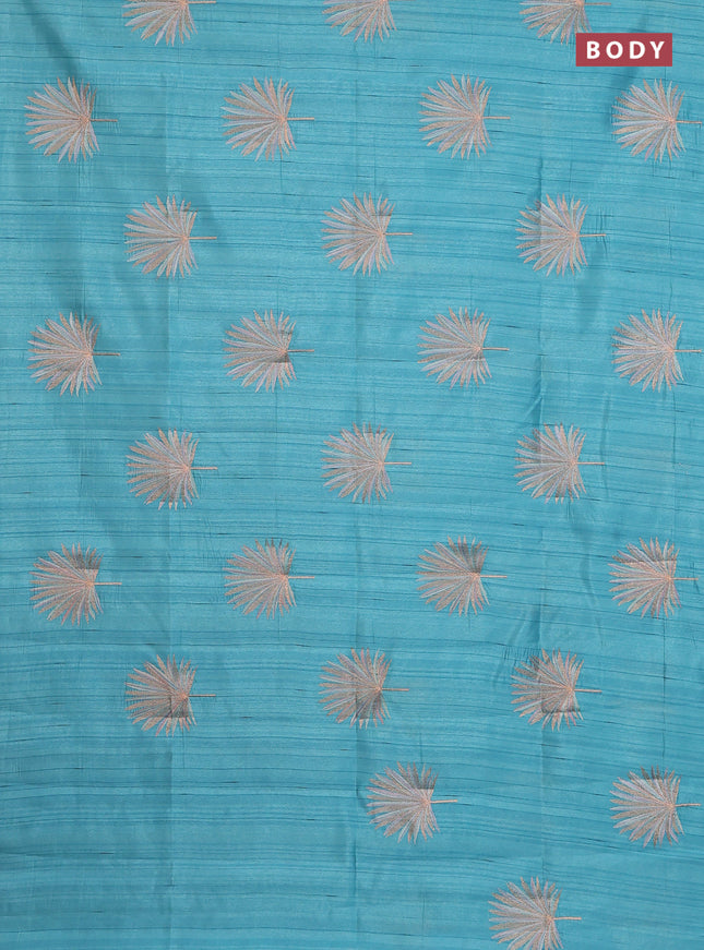 Semi raw silk saree teal blue with embroidery buttas in borderless border