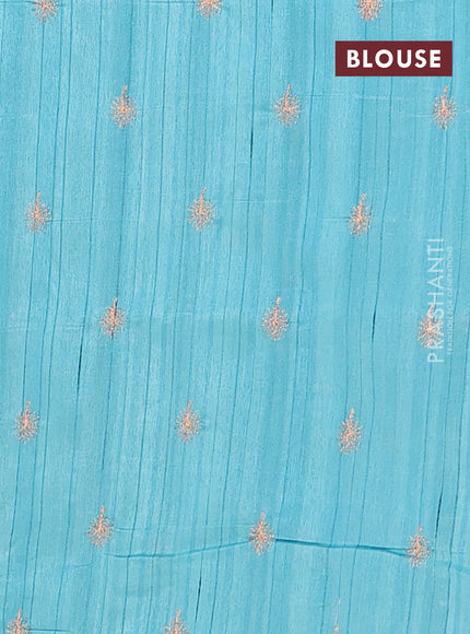 Semi raw silk saree teal blue with embroidery buttas in borderless border