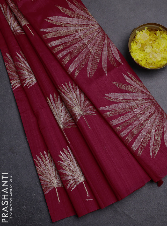 Semi raw silk saree dark pink with embroidery buttas in borderless border