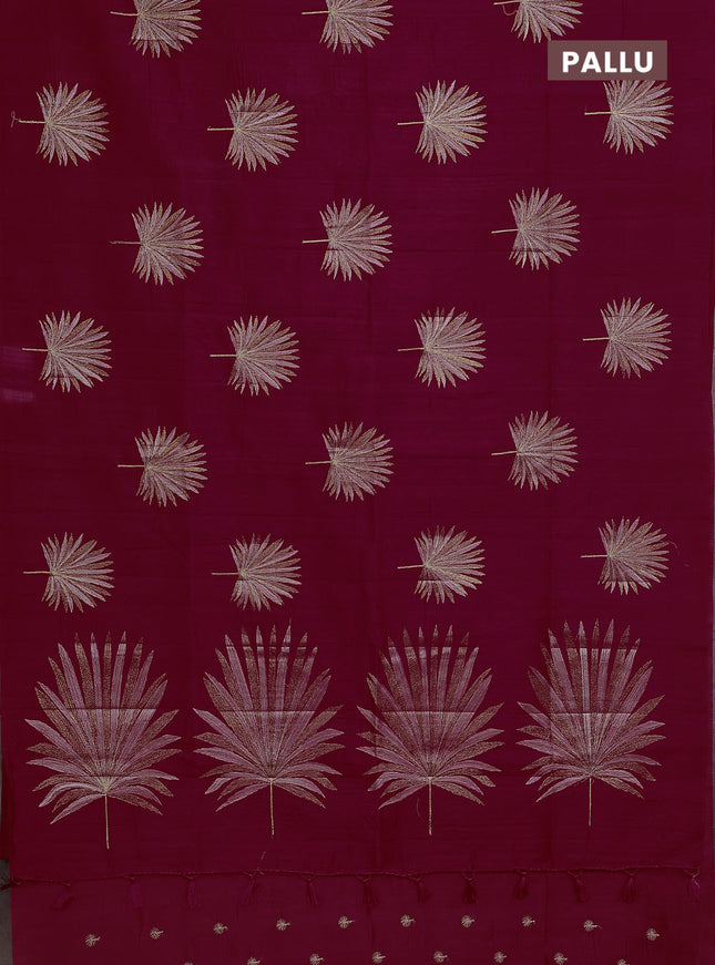 Semi raw silk saree dark pink with embroidery buttas in borderless border