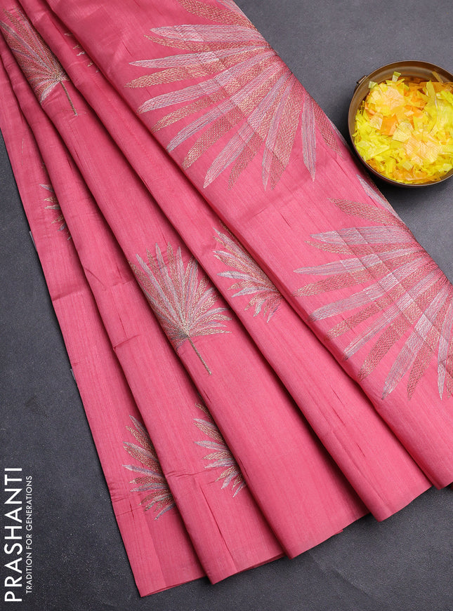 Semi raw silk saree peach pink with embroidery buttas in borderless border
