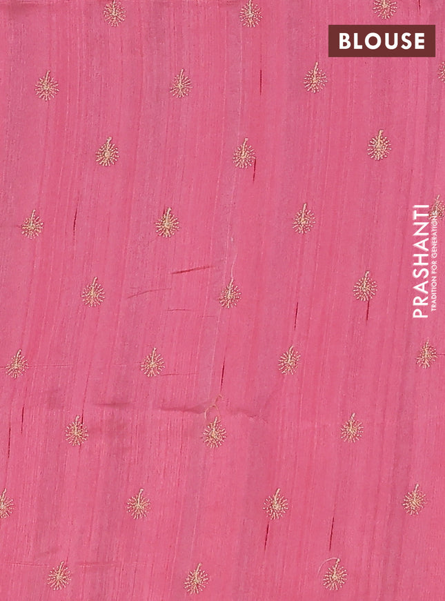 Semi raw silk saree peach pink with embroidery buttas in borderless border