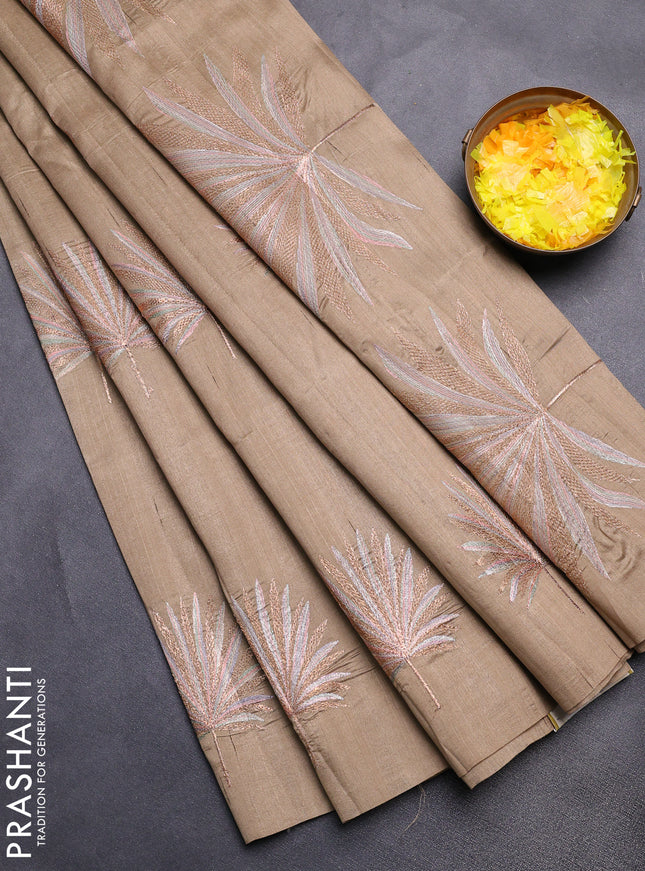 Semi raw silk saree dark beige with embroidery buttas in borderless border