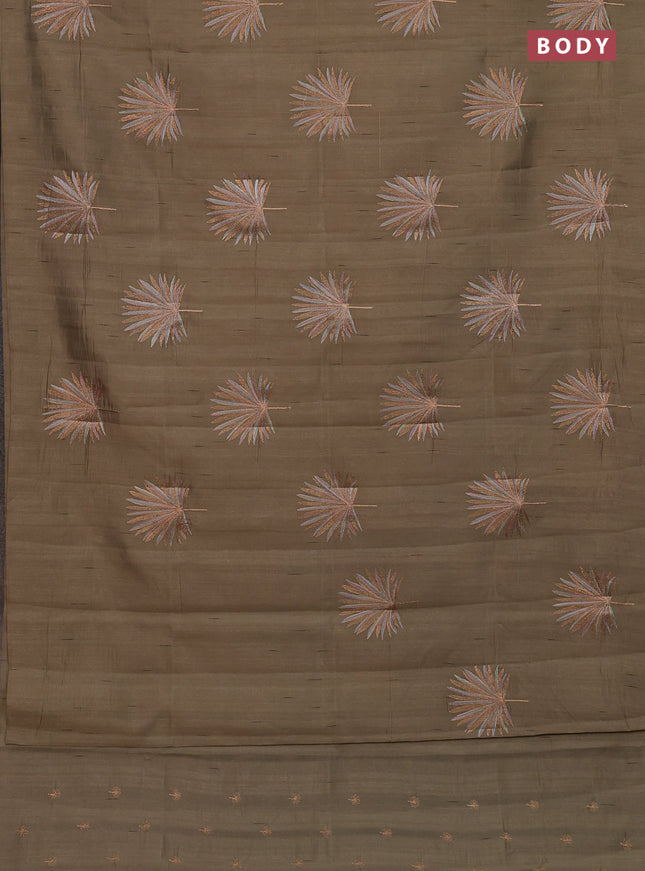 Semi raw silk saree dark beige with embroidery buttas in borderless border