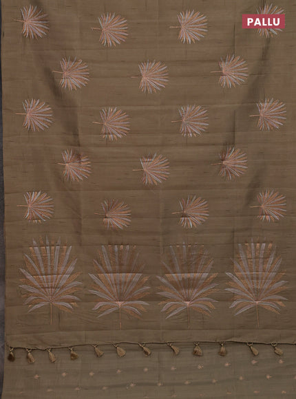 Semi raw silk saree dark beige with embroidery buttas in borderless border