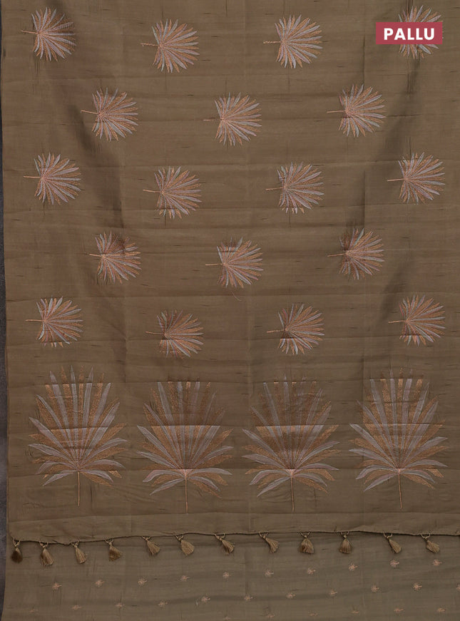 Semi raw silk saree dark beige with embroidery buttas in borderless border