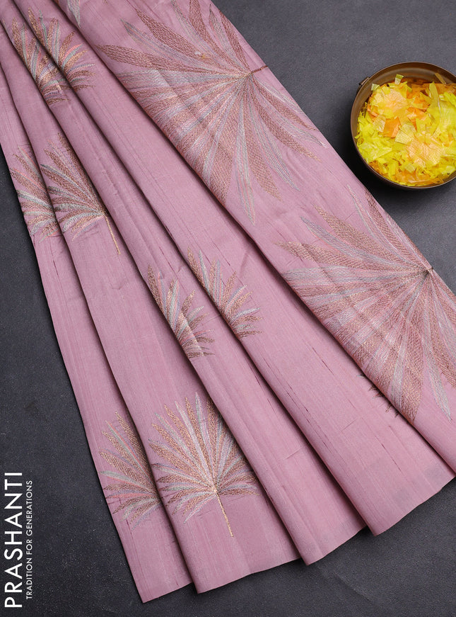 Semi raw silk saree pastel pink with embroidery buttas in borderless border
