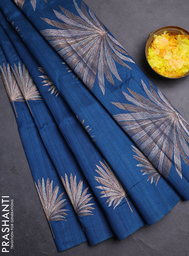 Semi raw silk saree peacock blue with embroidery buttas in borderless border