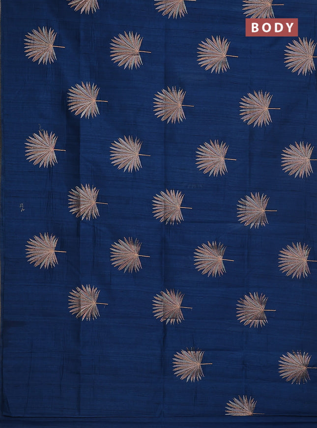 Semi raw silk saree peacock blue with embroidery buttas in borderless border