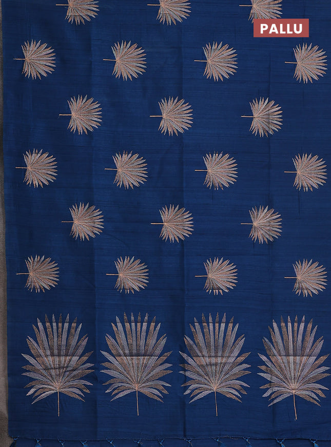 Semi raw silk saree peacock blue with embroidery buttas in borderless border