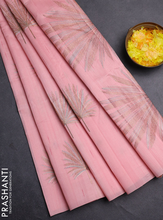 Semi raw silk saree mild peach with embroidery buttas in borderless border