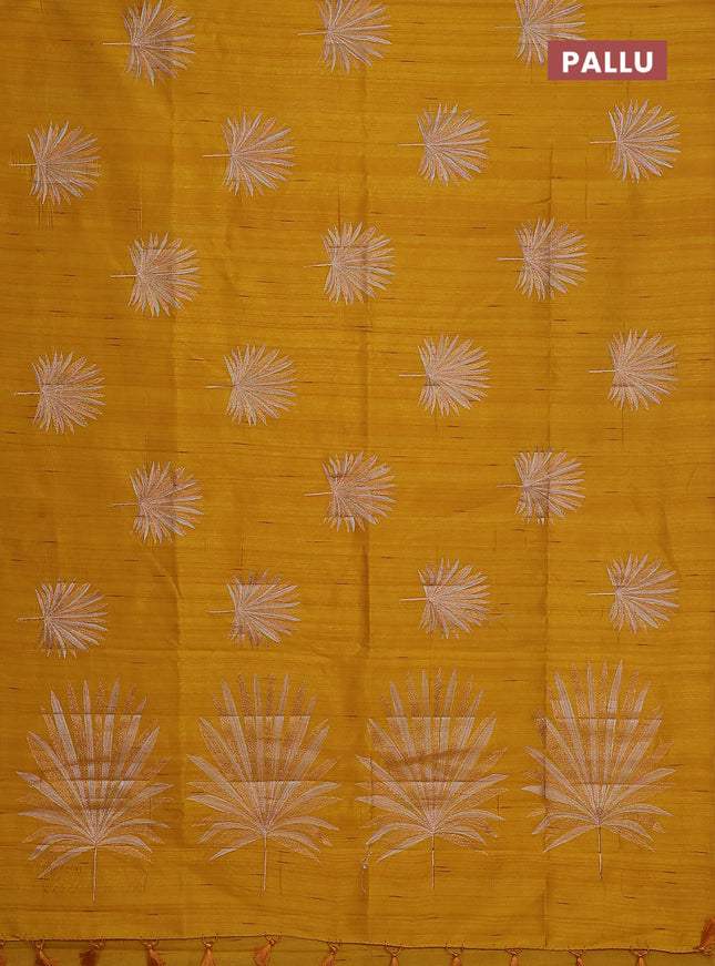 Semi raw silk saree mustard yellow with embroidery buttas in borderless border