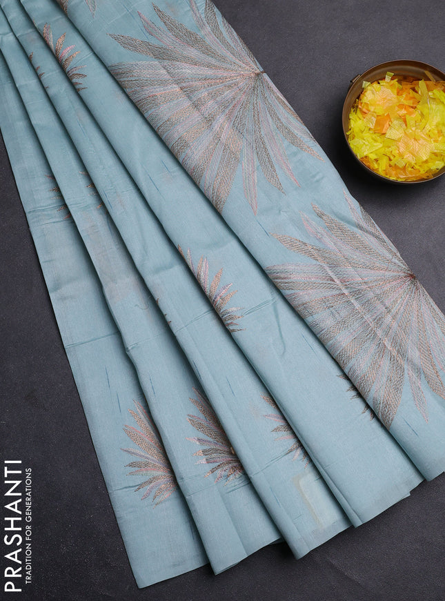 Semi raw silk saree pastel blue with embroidery buttas in borderless border