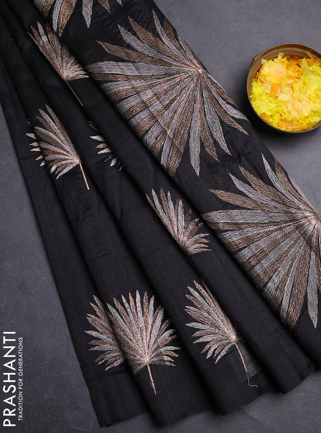 Semi raw silk saree black with embroidery buttas in borderless border