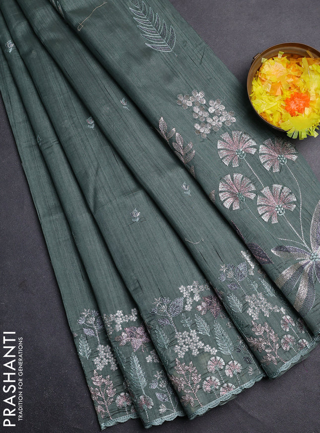 Semi raw silk saree greyish green with embroidery buttas and embroidery border