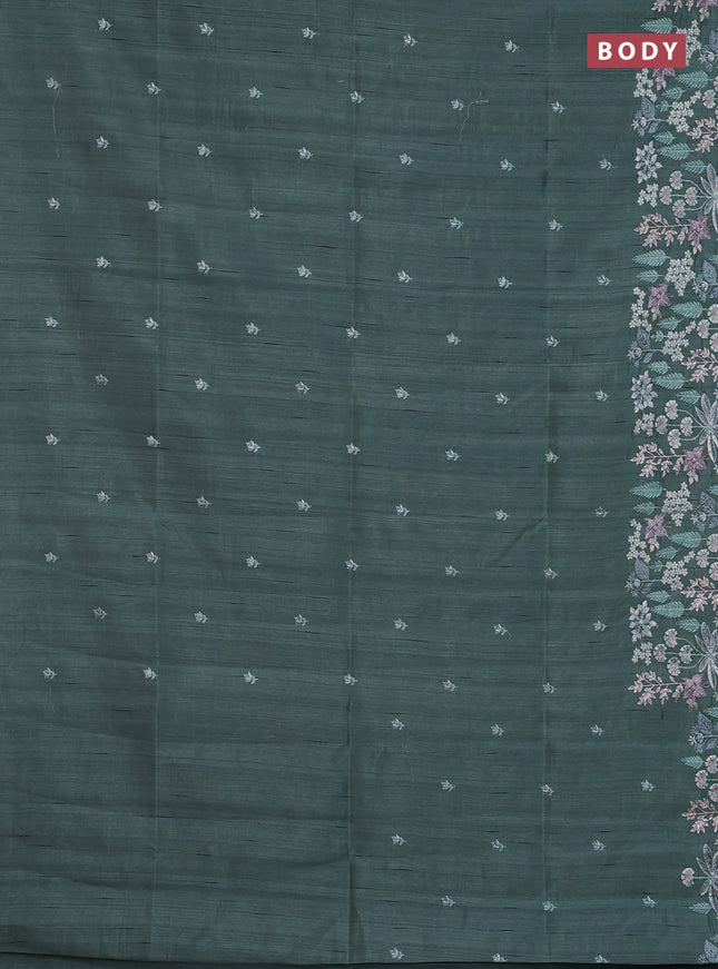 Semi raw silk saree greyish green with embroidery buttas and embroidery border