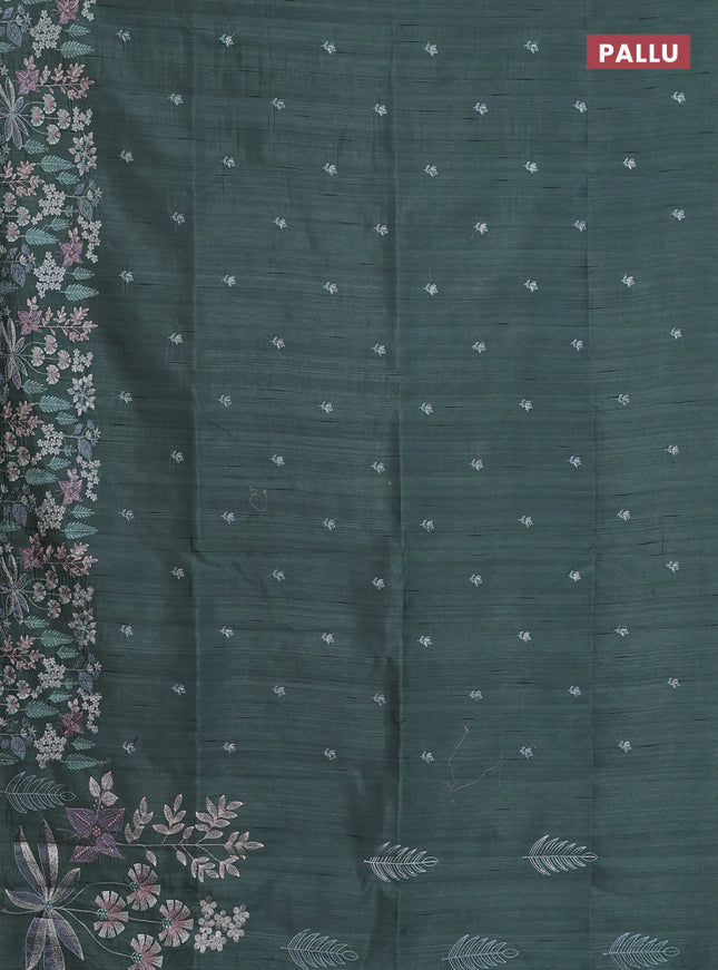 Semi raw silk saree greyish green with embroidery buttas and embroidery border