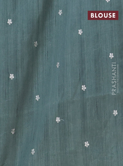 Semi raw silk saree greyish green with embroidery buttas and embroidery border