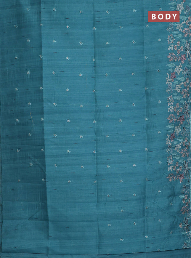 Semi raw silk saree teal blue with embroidery buttas and embroidery border