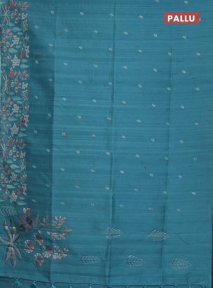 Semi raw silk saree teal blue with embroidery buttas and embroidery border