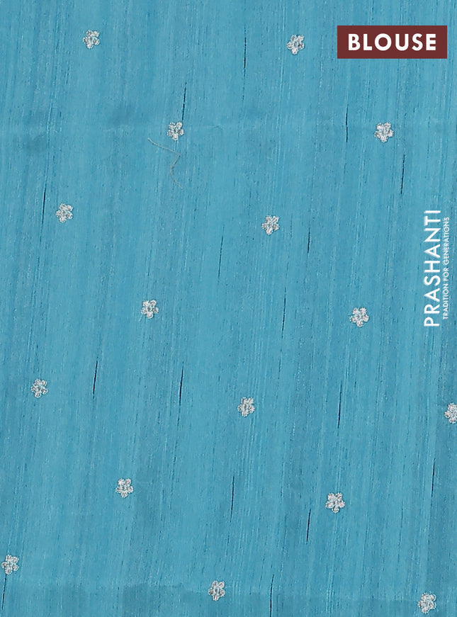 Semi raw silk saree teal blue with embroidery buttas and embroidery border