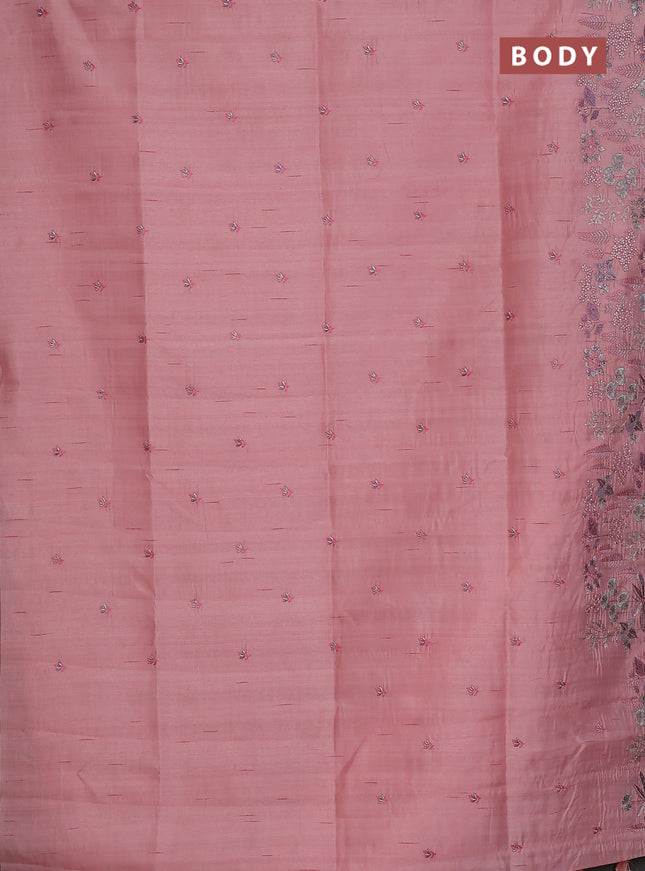 Semi raw silk saree peach pink with embroidery buttas and embroidery border