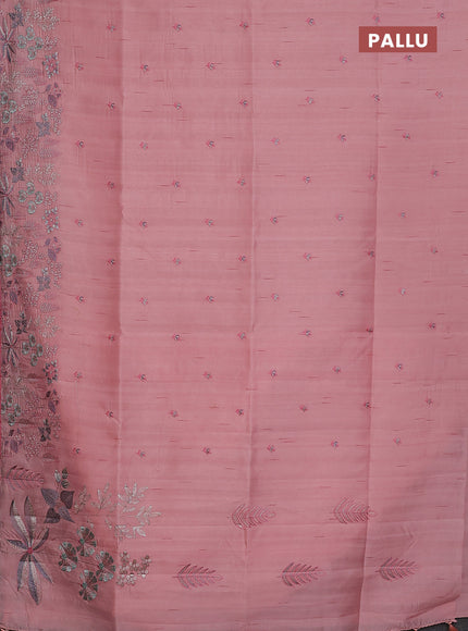 Semi raw silk saree peach pink with embroidery buttas and embroidery border