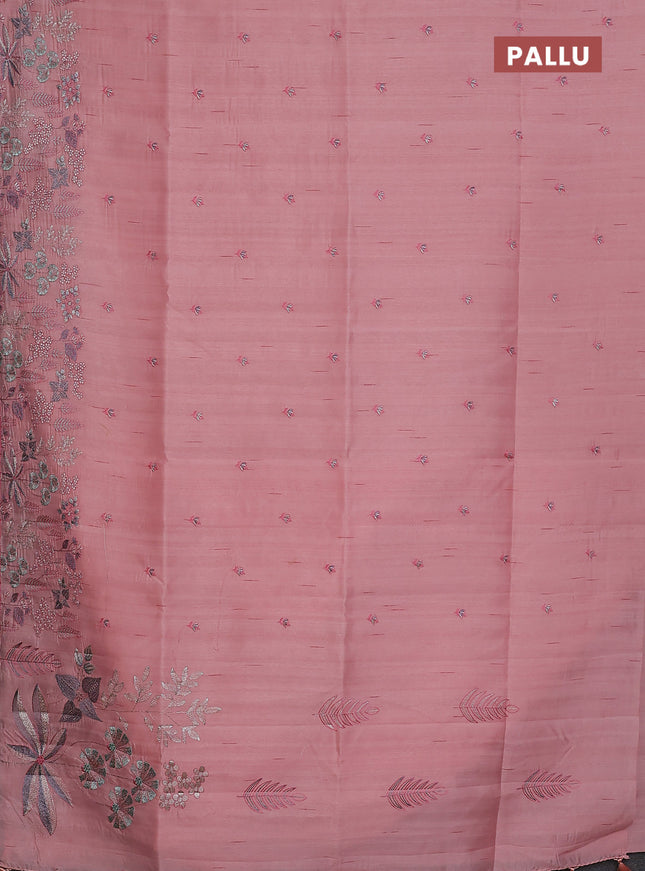 Semi raw silk saree peach pink with embroidery buttas and embroidery border