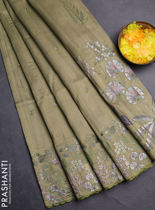 Semi raw silk saree olive green with embroidery buttas and embroidery border