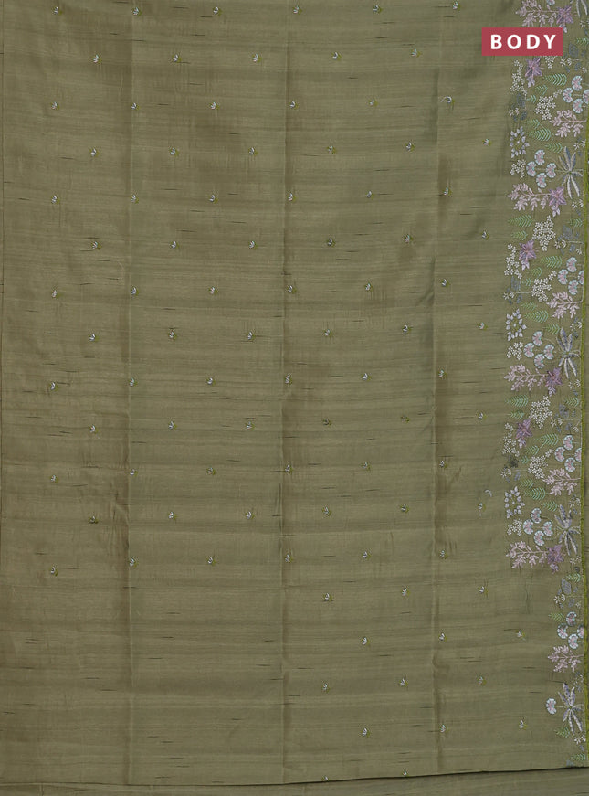 Semi raw silk saree olive green with embroidery buttas and embroidery border
