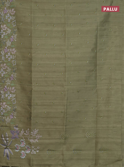 Semi raw silk saree olive green with embroidery buttas and embroidery border