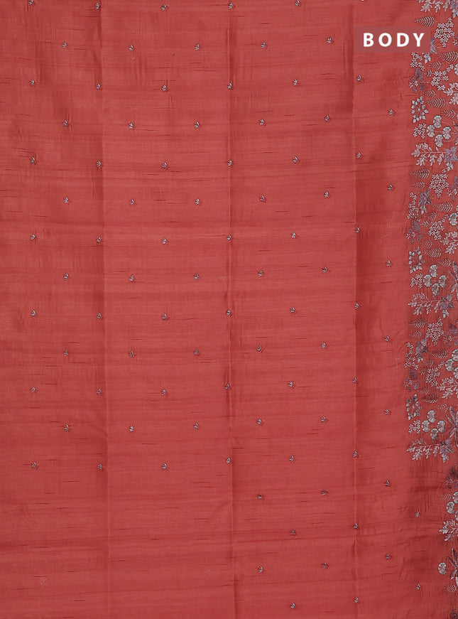 Semi raw silk saree pastel peach orange with embroidery buttas and embroidery border