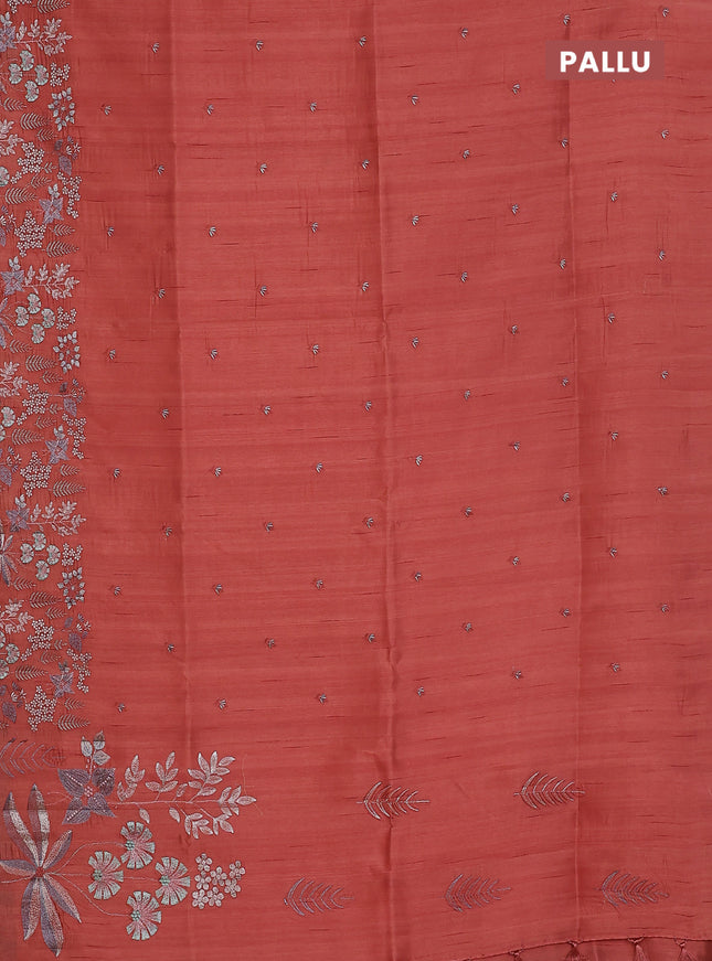 Semi raw silk saree pastel peach orange with embroidery buttas and embroidery border