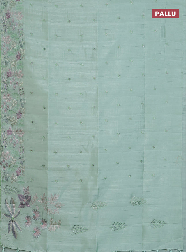 Semi raw silk saree pastel green with embroidery buttas and embroidery border