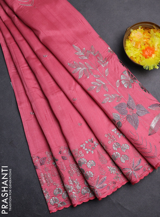 Semi raw silk saree peach pink with embroidery buttas and embroidery border