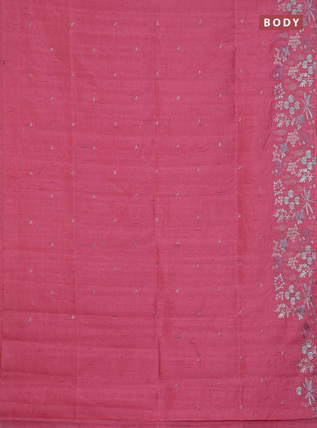 Semi raw silk saree peach pink with embroidery buttas and embroidery border