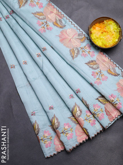 Semi raw silk saree pastel blue with embroidery buttas and floral embroidery border