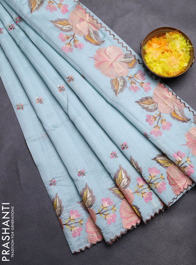 Semi raw silk saree pastel blue with embroidery buttas and floral embroidery border