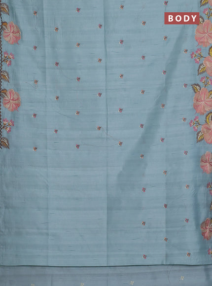 Semi raw silk saree pastel blue with embroidery buttas and floral embroidery border