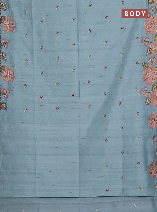 Semi raw silk saree pastel blue with embroidery buttas and floral embroidery border