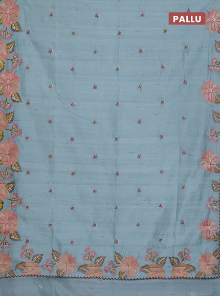 Semi raw silk saree pastel blue with embroidery buttas and floral embroidery border