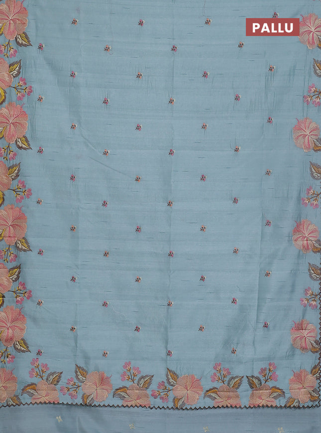 Semi raw silk saree pastel blue with embroidery buttas and floral embroidery border