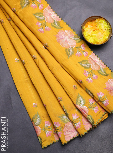 Semi raw silk saree mustard yellow with embroidery buttas and floral embroidery border