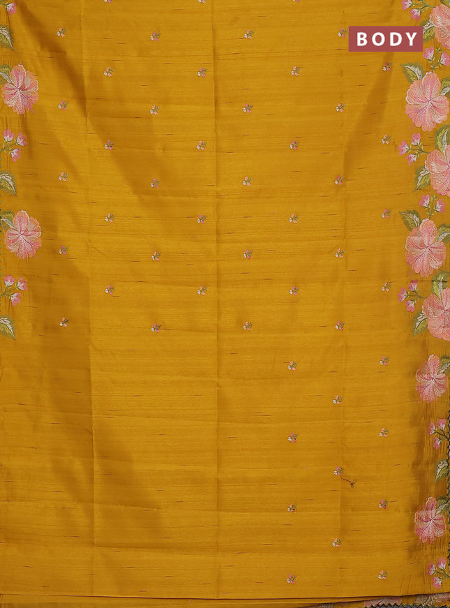 Semi raw silk saree mustard yellow with embroidery buttas and floral embroidery border