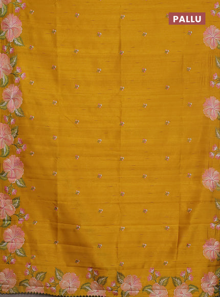 Semi raw silk saree mustard yellow with embroidery buttas and floral embroidery border