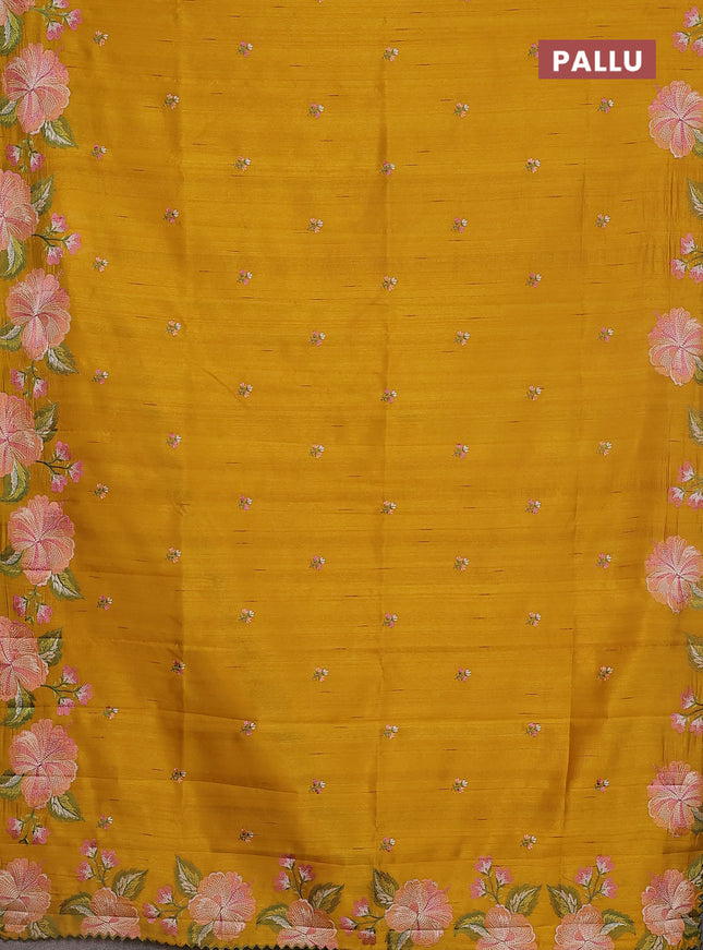 Semi raw silk saree mustard yellow with embroidery buttas and floral embroidery border